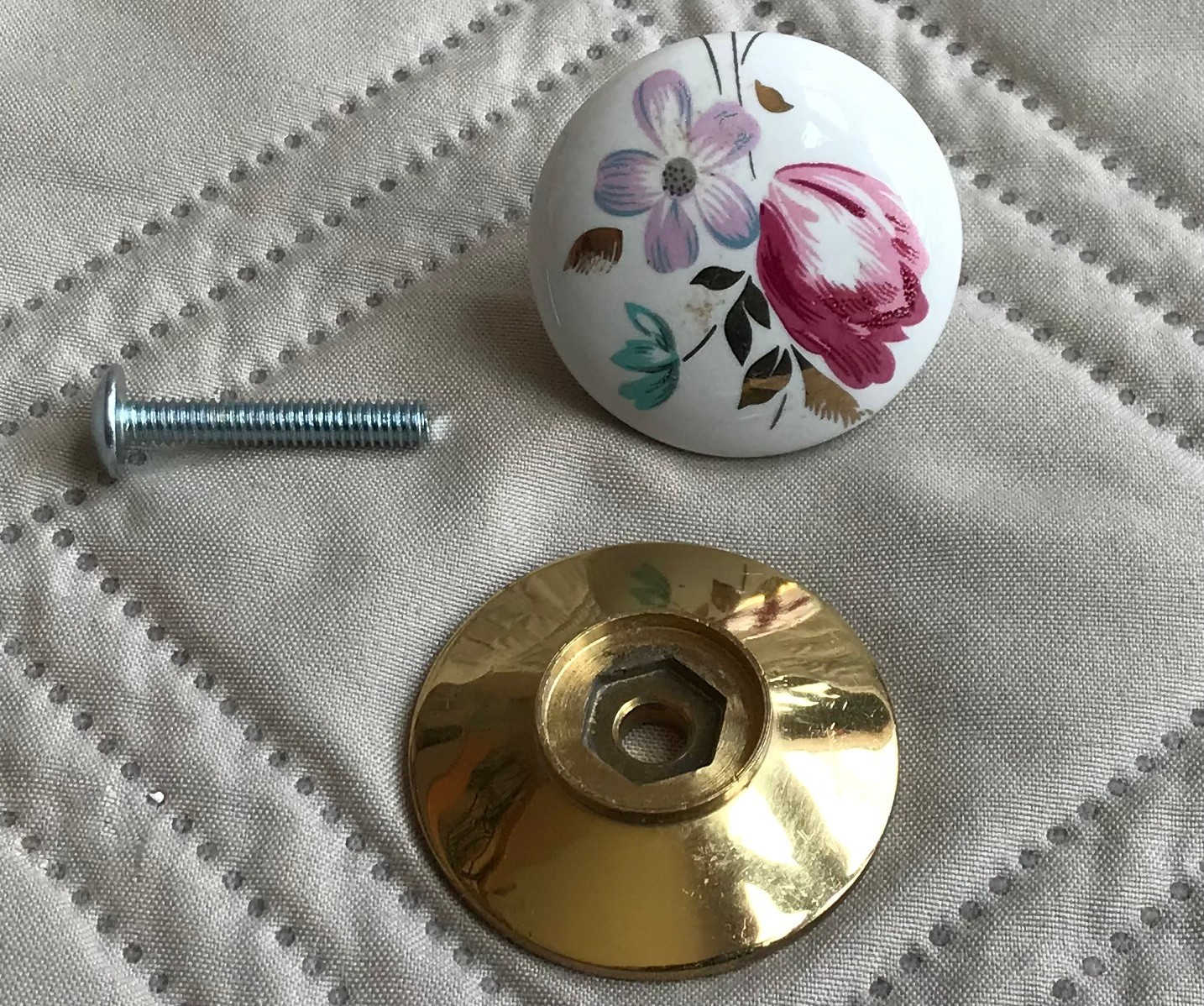Floral White Porcelain Drawer Pull and Back Plate New Old Stock