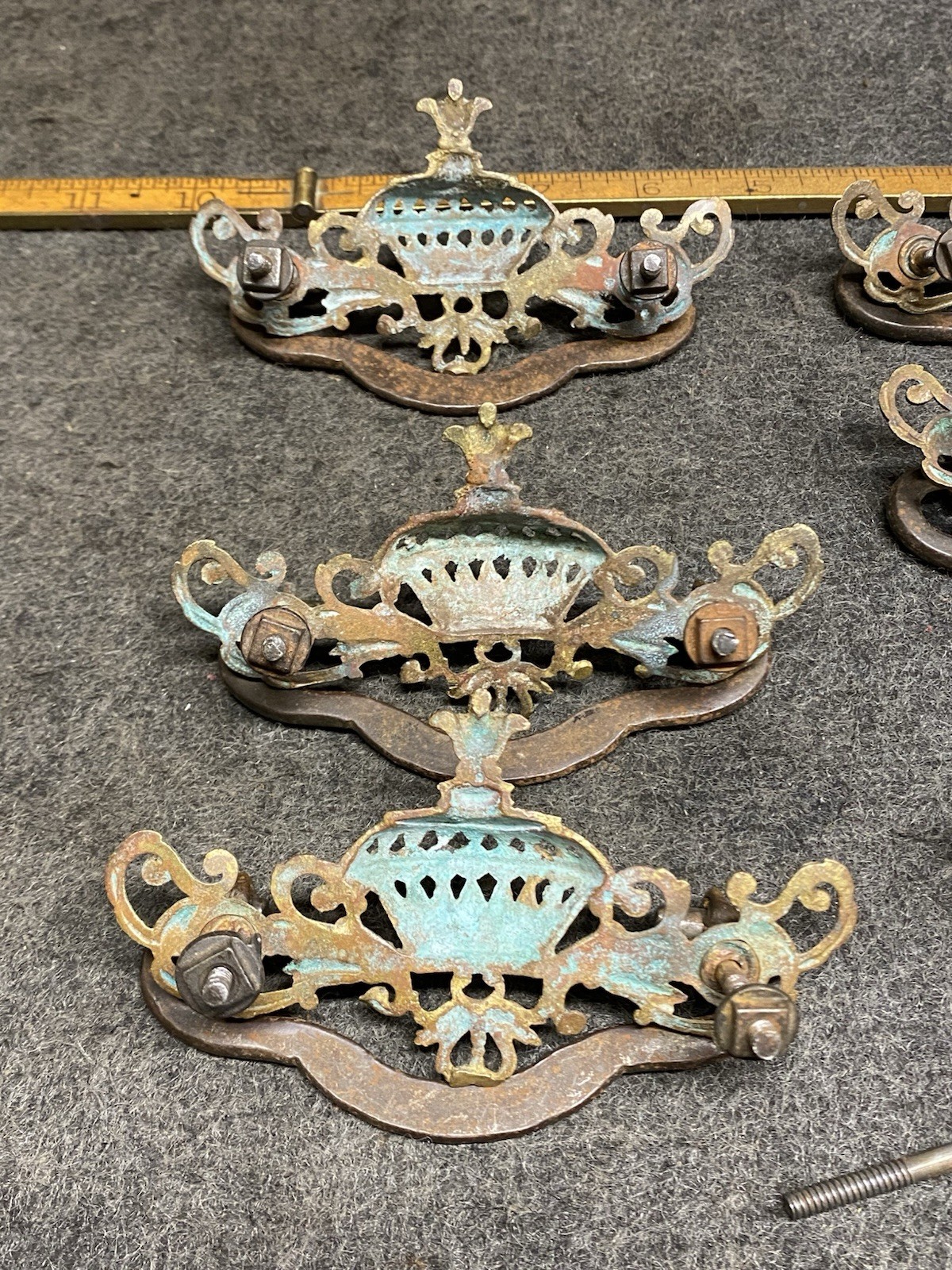6 Antique Brass And Cast Iron Victorian Style Drawer Pulls 3” Bolt Pattern