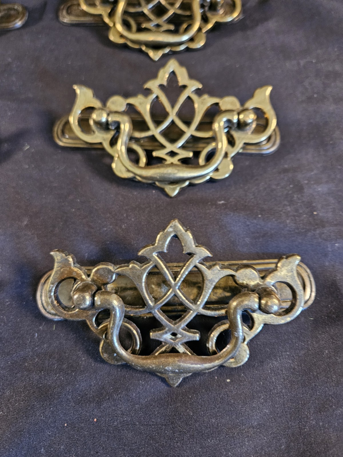 Lot 10 Vintage Fancy Ornate Pierced Brass Drawer Pulls Traditional Batwing NICE