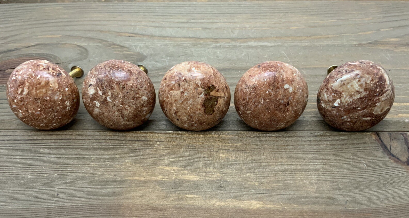 (5) Mushroom Shaped Red Marble Knobs Pulls with Screws Beautiful, Excellent