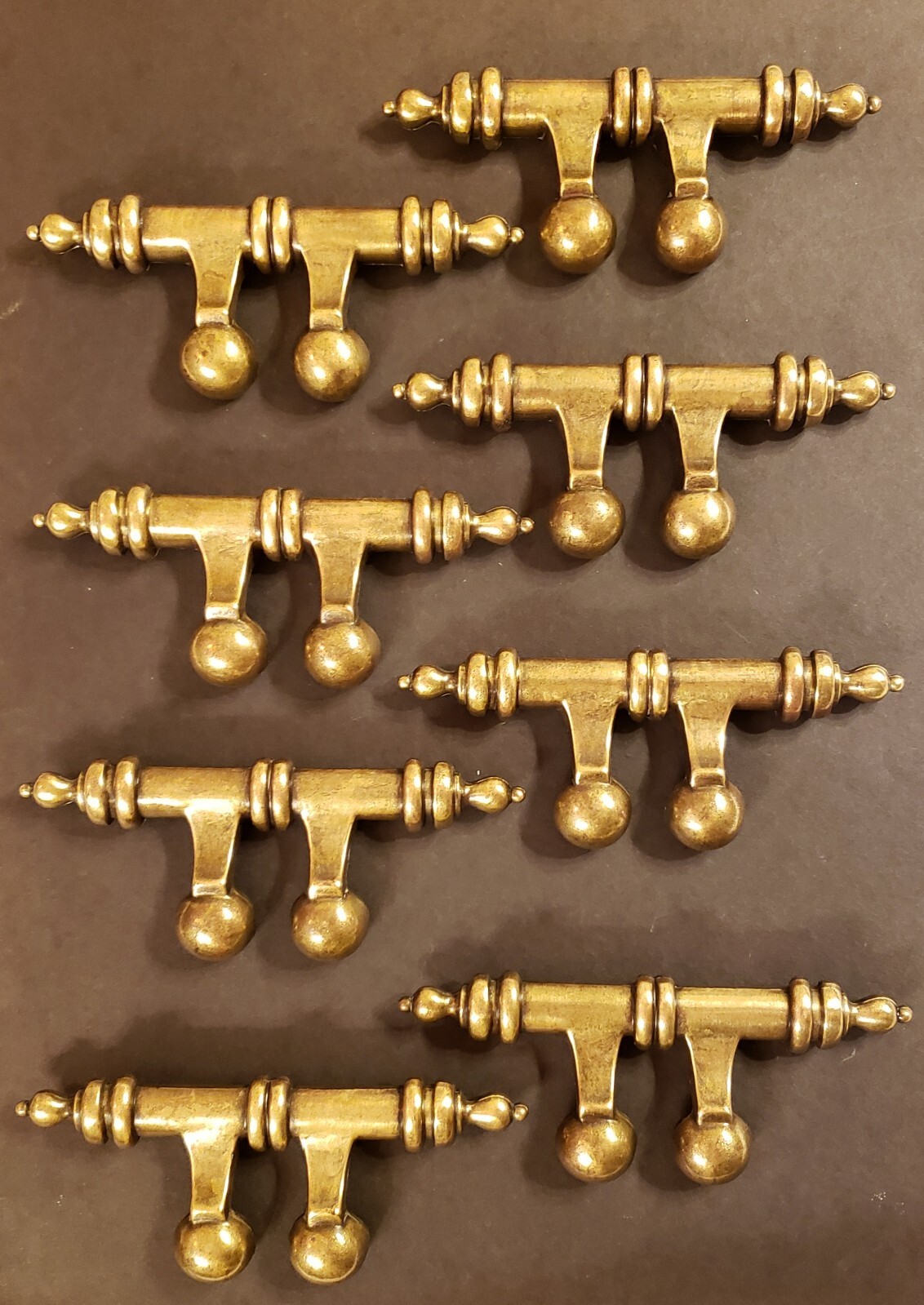 8 VTG Belwith Spindle Brass Drawer Pulls w/ Finger Cups 4″ Post Mounts 6″Long