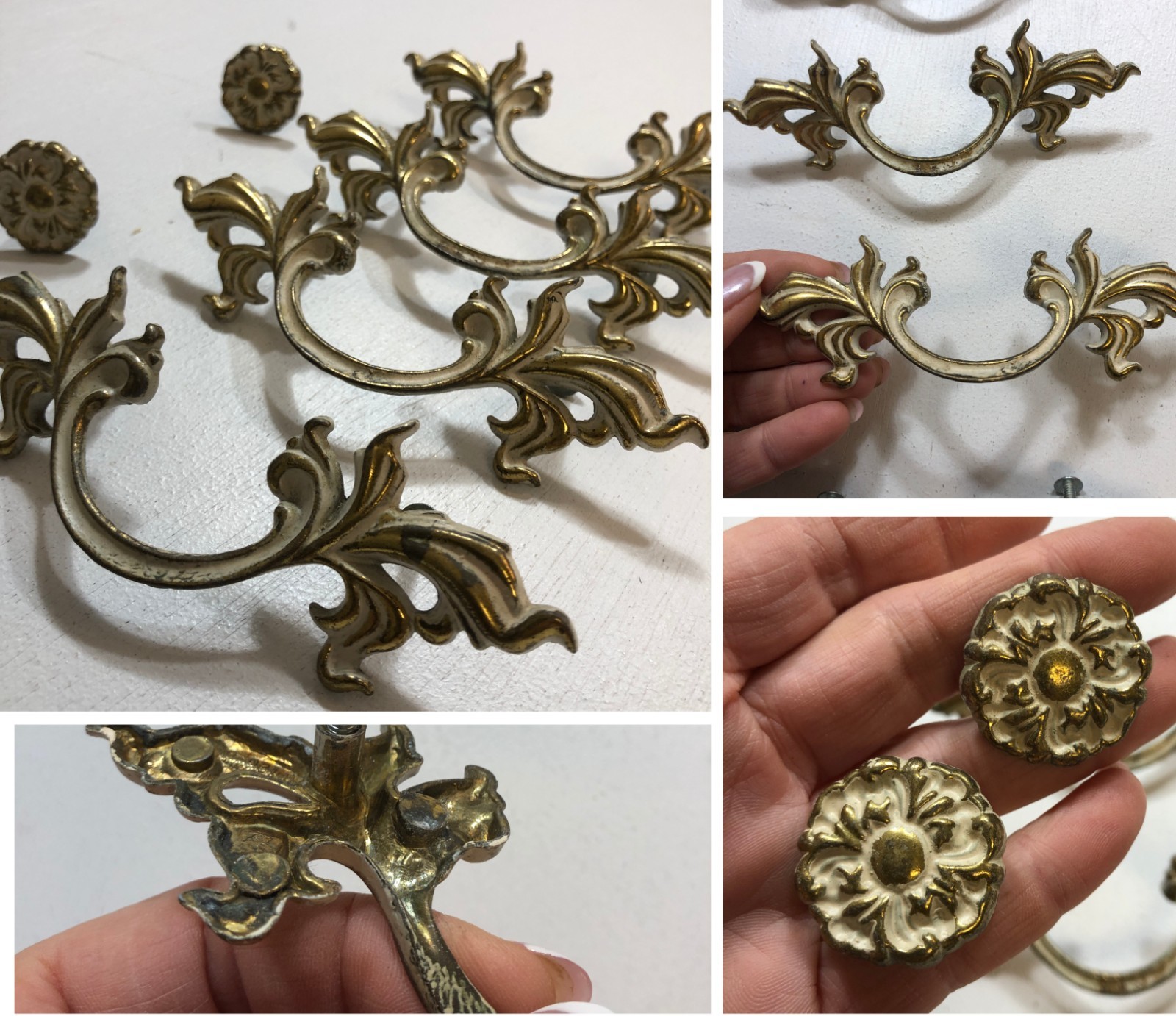 4 French Antique Victorian Drawer Handles & 2 Pulls Dresser Hardware Brass vtg