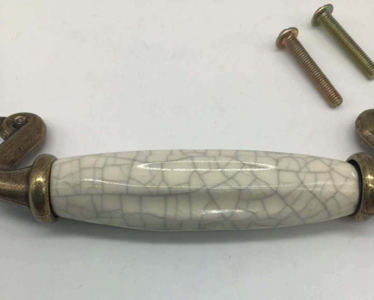 Antique Brass Hardware With Beige Ceramic Crazing Drop Bail Drawer Pull New