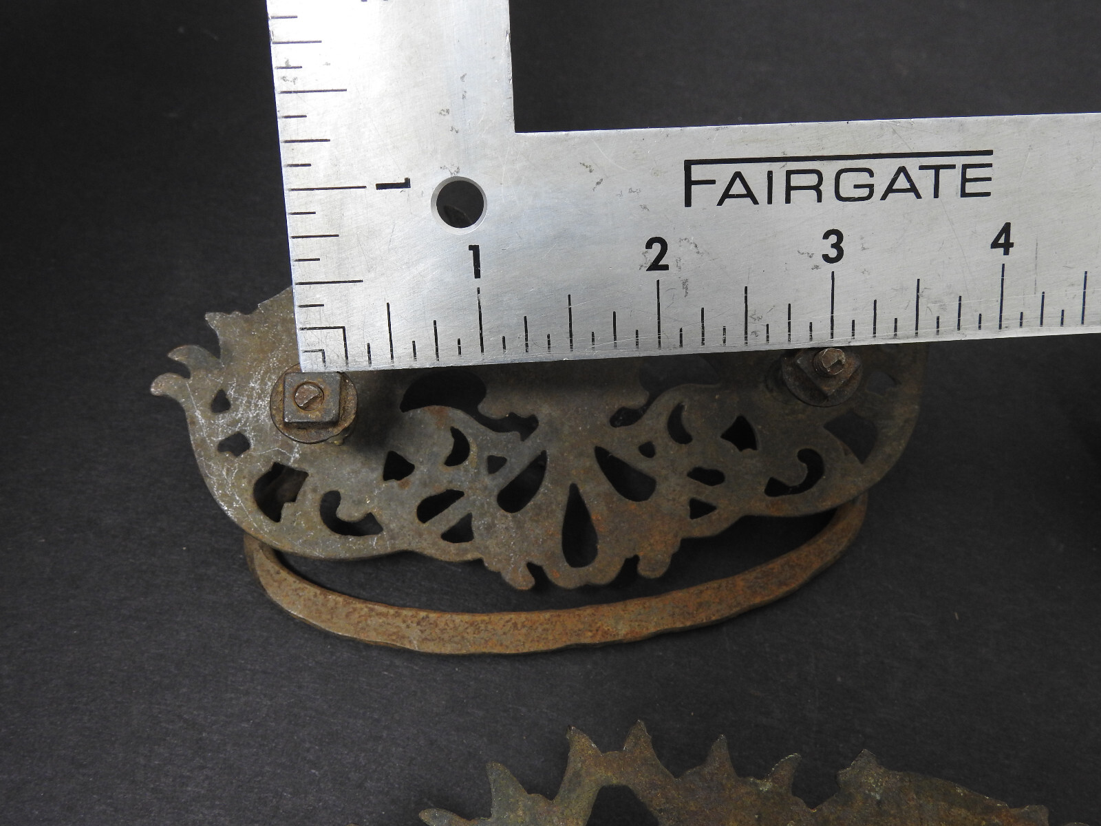 (4) Ornate Antique Cast Iron Drawer Pulls 5″w Bail Drop Handle Copper Flashed
