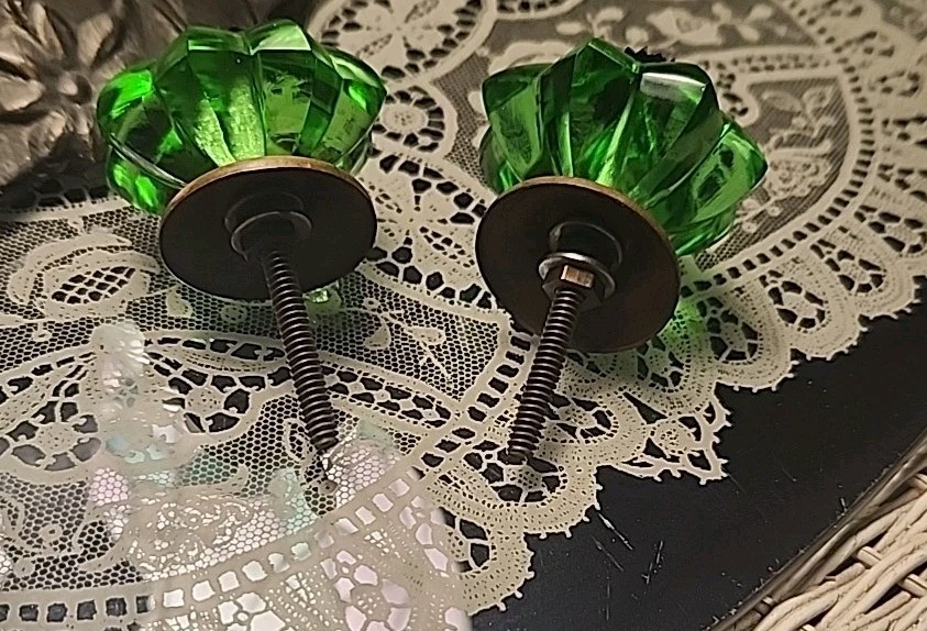 Antique / Vintage Green Glass Drawer Pulls – 2 knobs