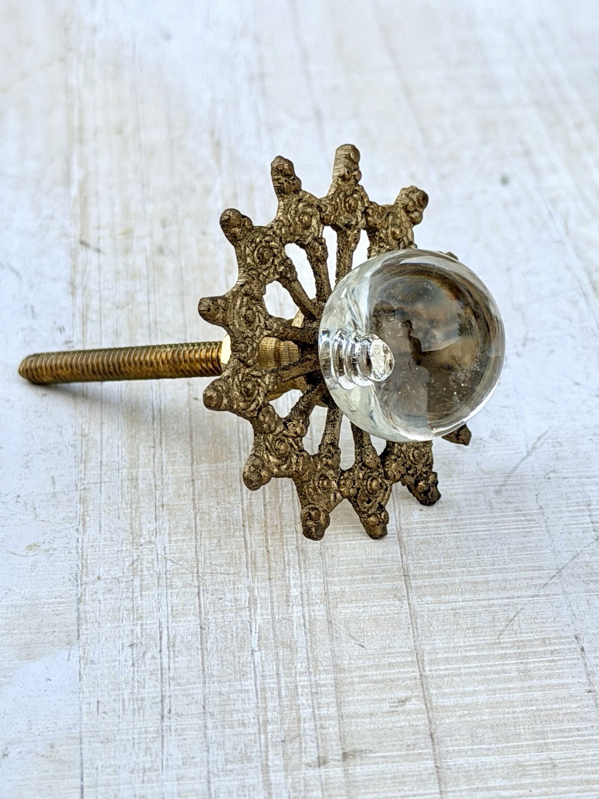 4 Antique Glass Drawer Pull Handle Clear Smooth Cabinet Knob Brass Ornate Base