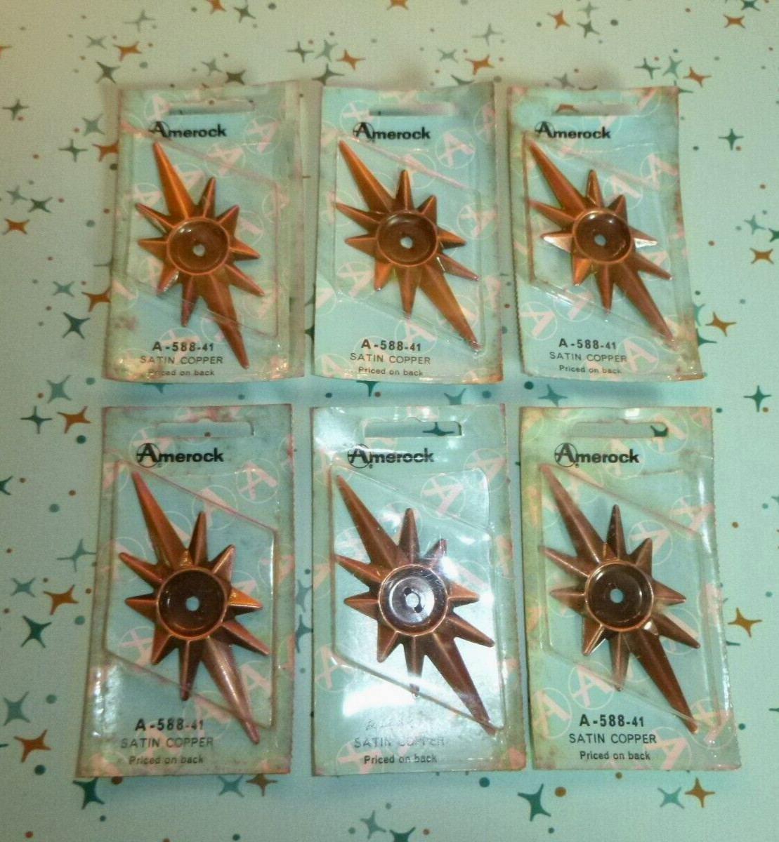6 NOS Vtg Mid Century Amerock Starburst Backplates Satin Copper Cabinet Hardware
