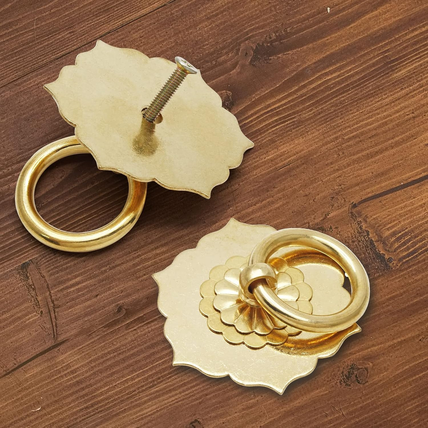 4Pcs Antique Brass Ring Pulls Flower Shape Cabinet Knobs Drawer Pulls With Screw