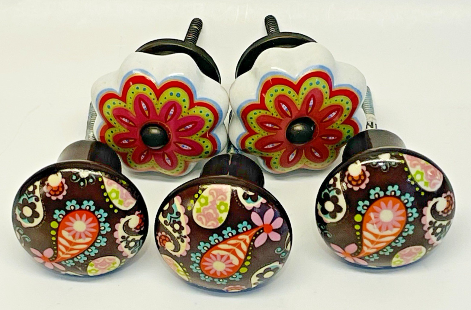 5 -Cabinet Knobs Floral Paisley Boho 1.5″ Single Mount Hand Painted Drawer Pulls