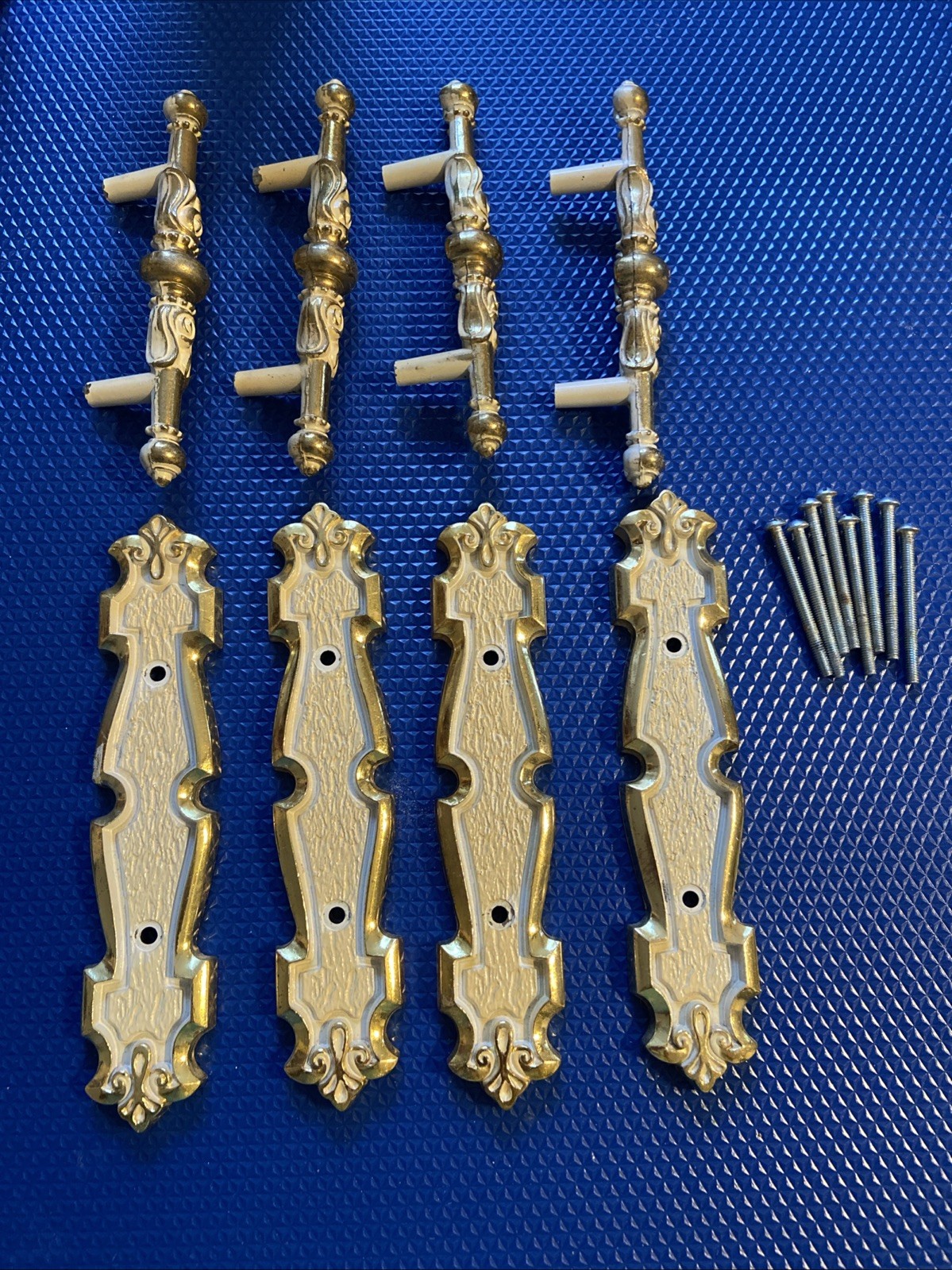4 Vintage 50’s 60’s Ajax English Provincial White Gold Handle Pulls Backplates