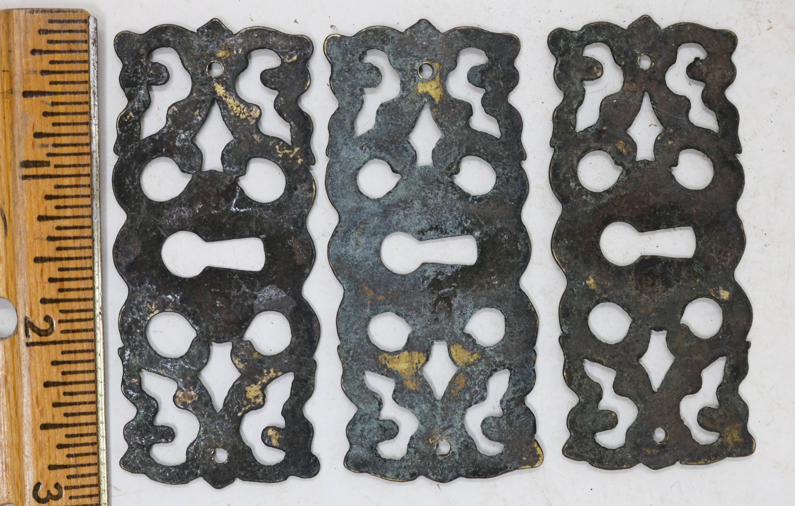 14-Pce Set Antique GRB Brass Bar Drawer Pulls Handles, Key, Locks, & Escutcheons