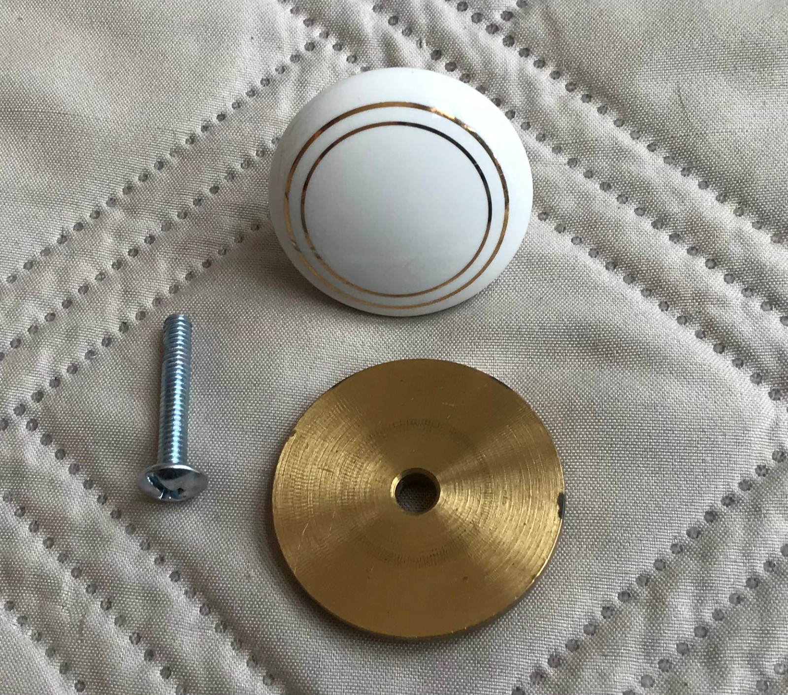 Gold and White Porcelain Drawer Pull and Back Plate New Old Stock