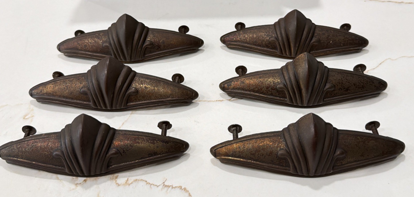 Set of 6 Vintage Art Deco Drawer Pull Handles Copper/Bronze Tone Stamped Steel