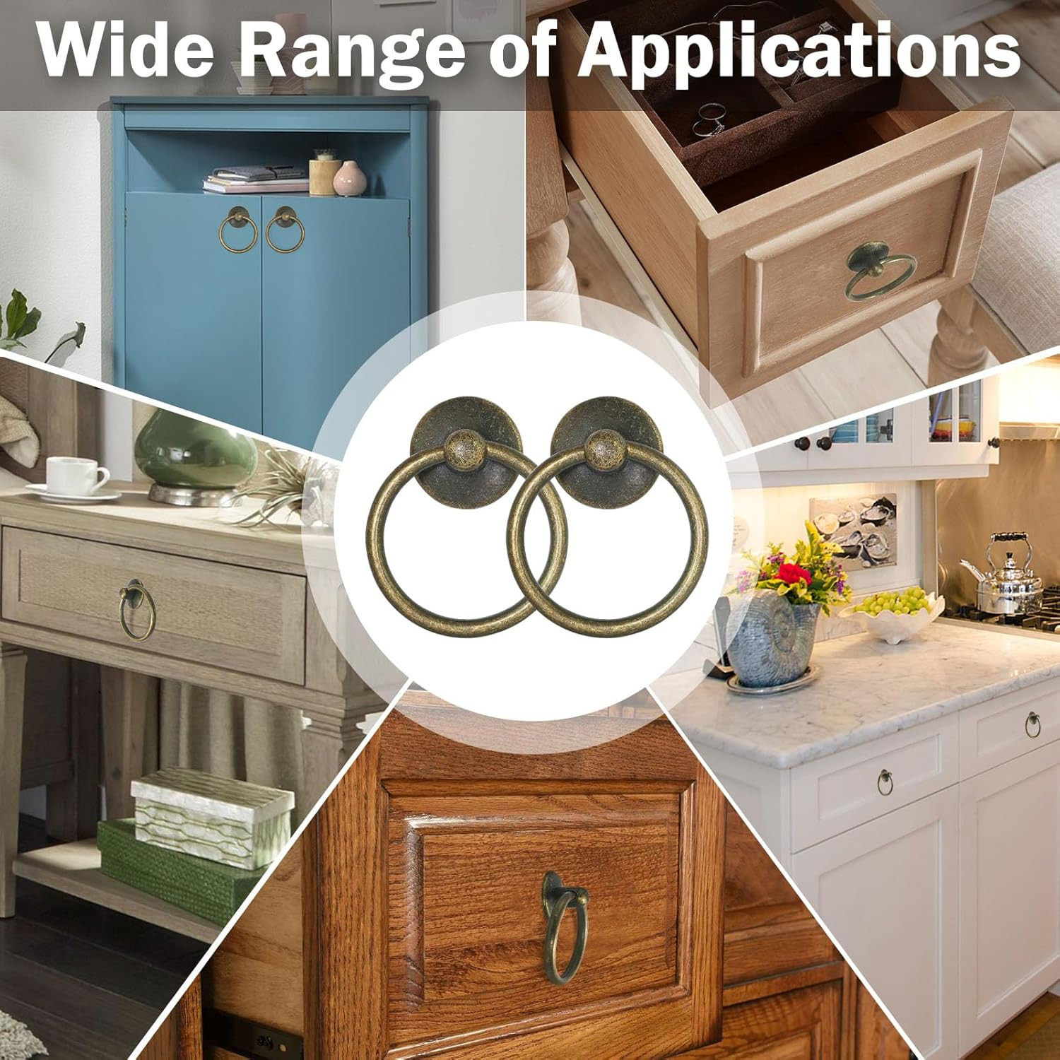 6Pcs Antique Brass Drop Ring Drawer Pulls, Vintage Cabinet Ring Handles, Metal D
