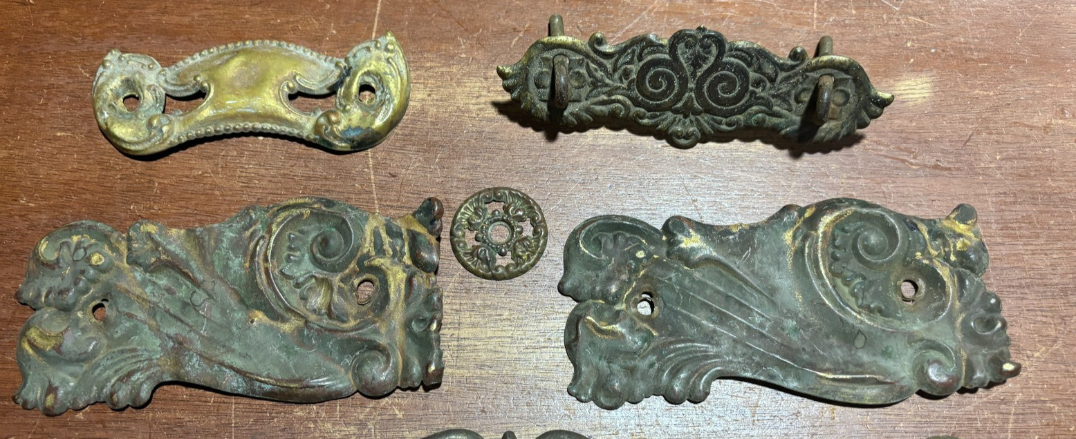 Lot of 9 Mixed Ornate Vintage Pressed Metal Drawer Backplates one with Pull