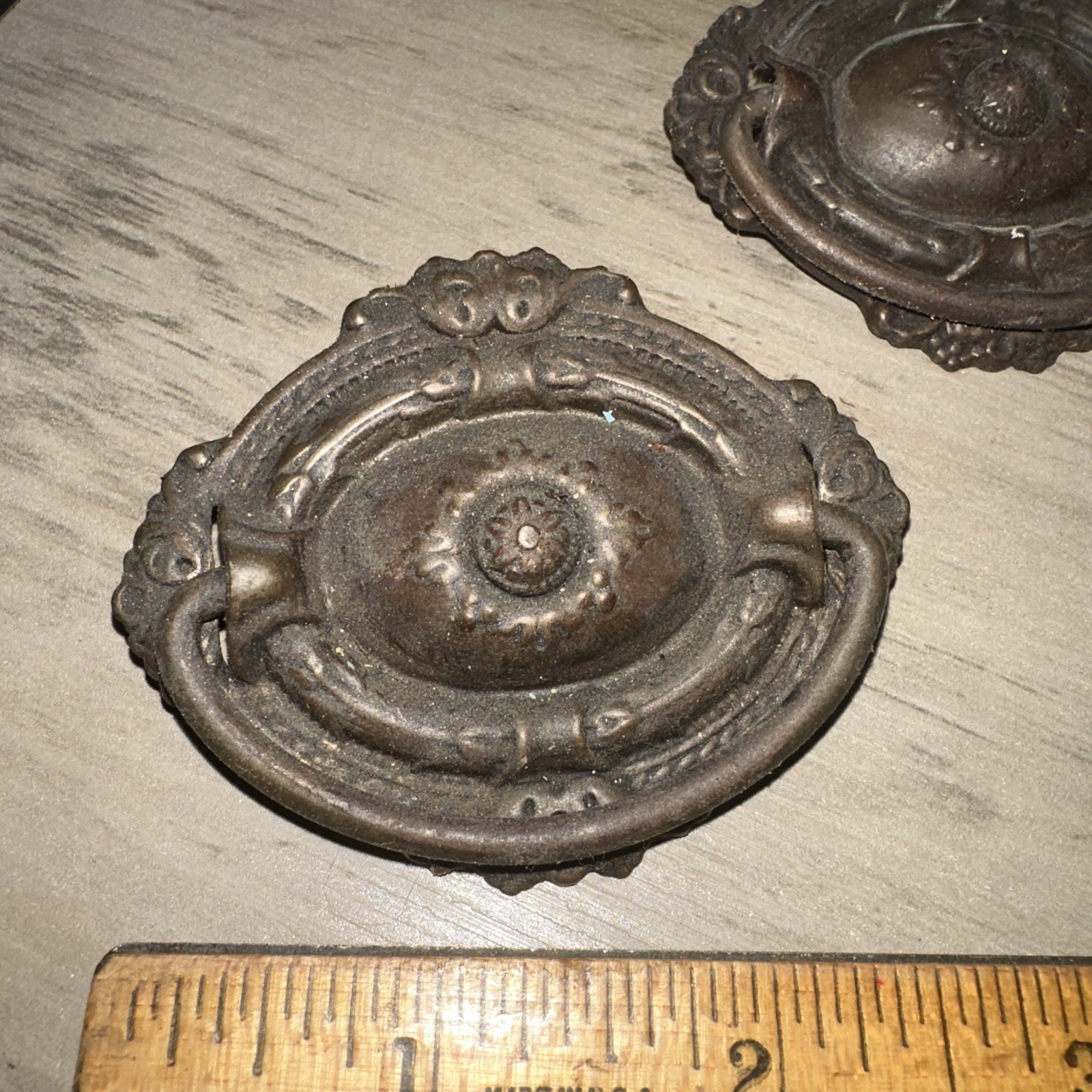 3 Antique Drop Handle Drawer Pulls. Beautiful Details & Patina!