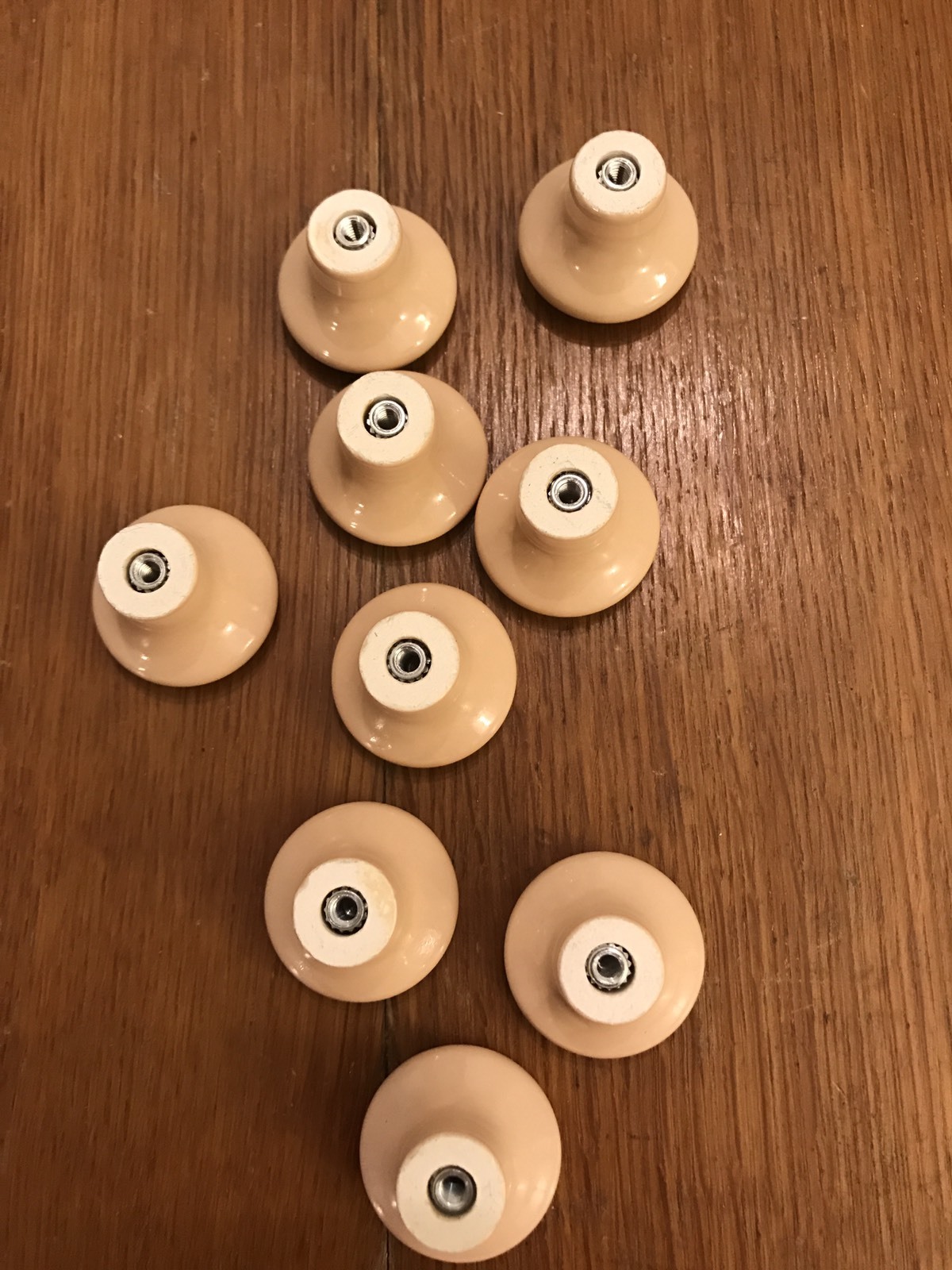 9 Knobs Ceramic Round Tan Beige Pedestal Mushroom Shape Cabinet Drawer Vintage