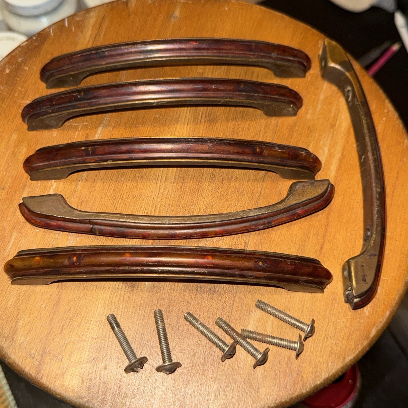 Set of 6 Art Deco Bakelite & Brass Drawer Pulls / Handles. Original Screws Incl