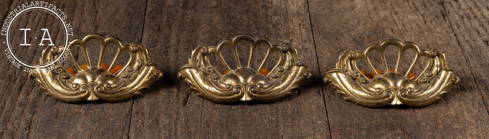 Three Brass Drawer Pulls With Bakelite Inserts