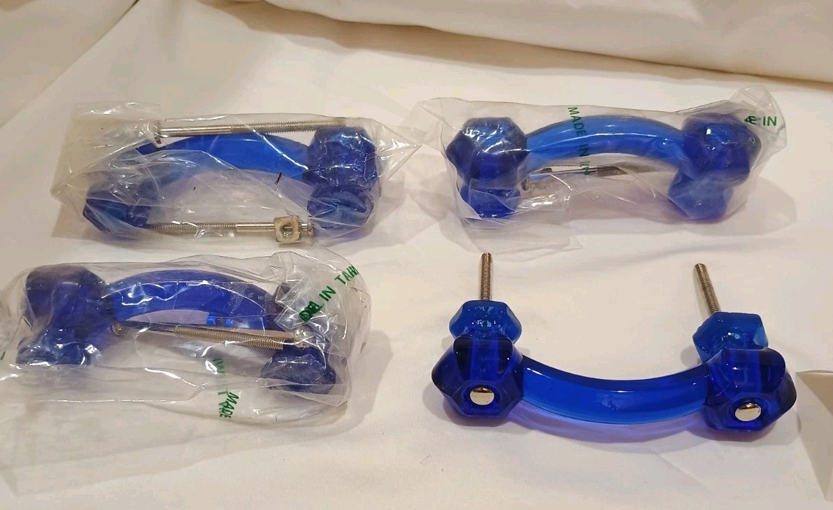 Set of 4 Cobalt Blue Vintage Glass Drawer Pulls 3” On Center