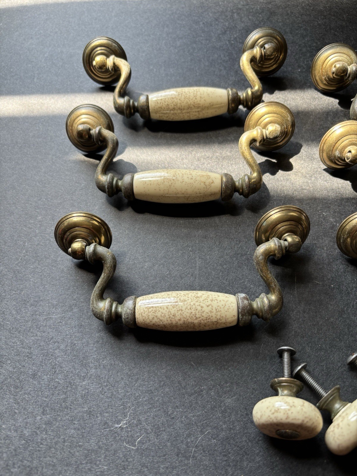Brass And Porcelain Drawer Handles 4 1/2 Inch 6 Handles 3 Knobs Vintage Pulls