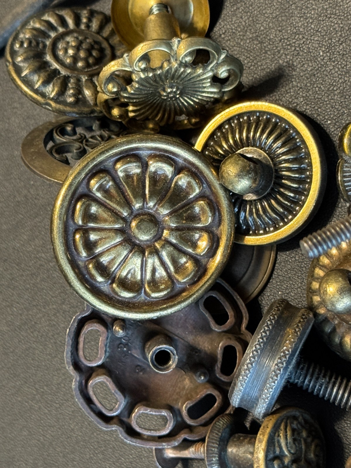 Lot 25 Vintage Antiqued Brass Furniture Drop Bail Drawer Pull Mounts/Backplates