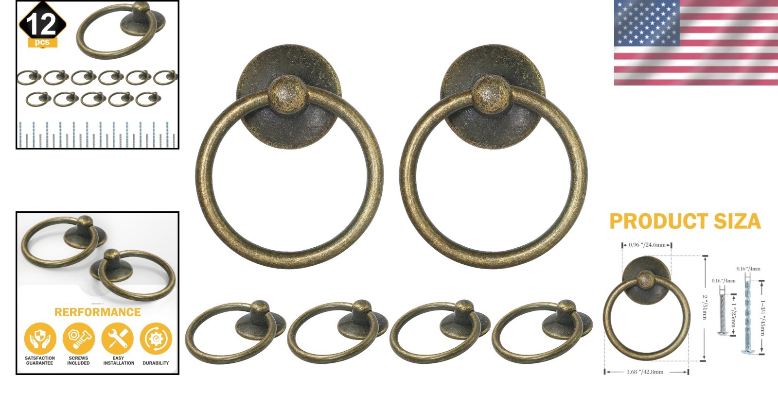 Vintage Brass Ring Drawer Pulls – 12pcs Durable Handles for Cabinets & Drawers