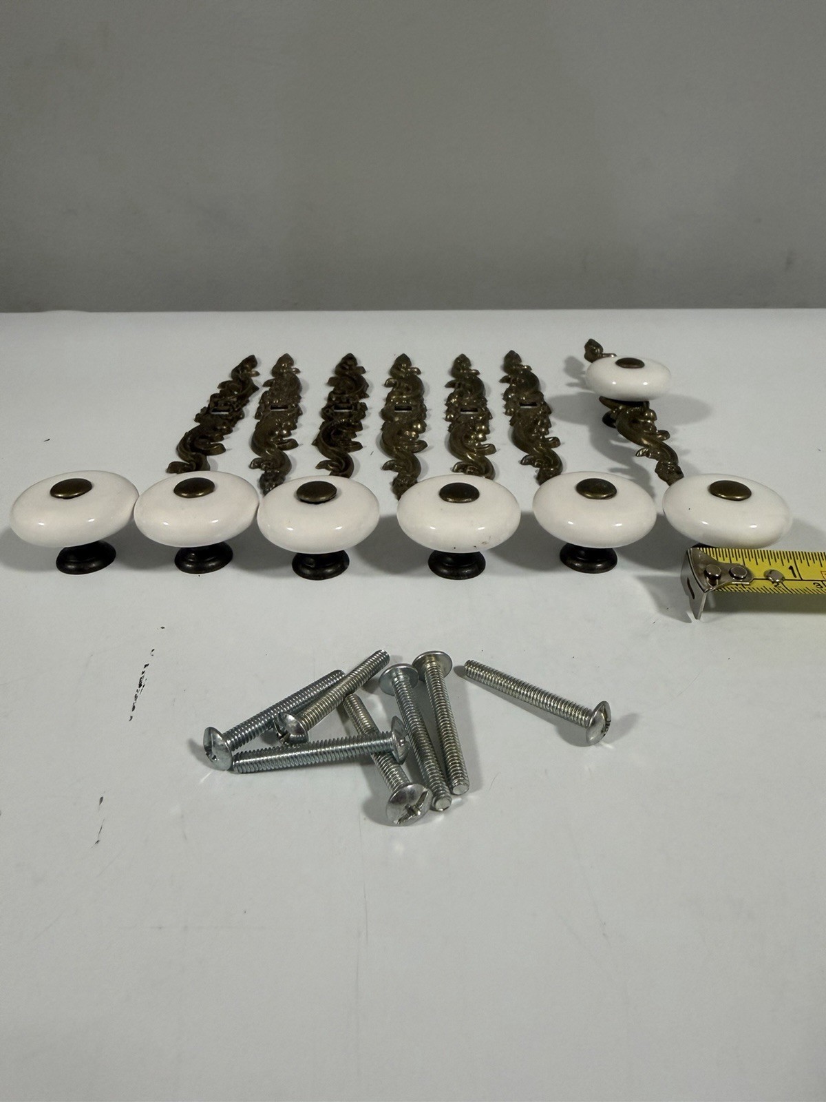 Vintage White Ceramic Drawer Pulls With Bronze Backplates