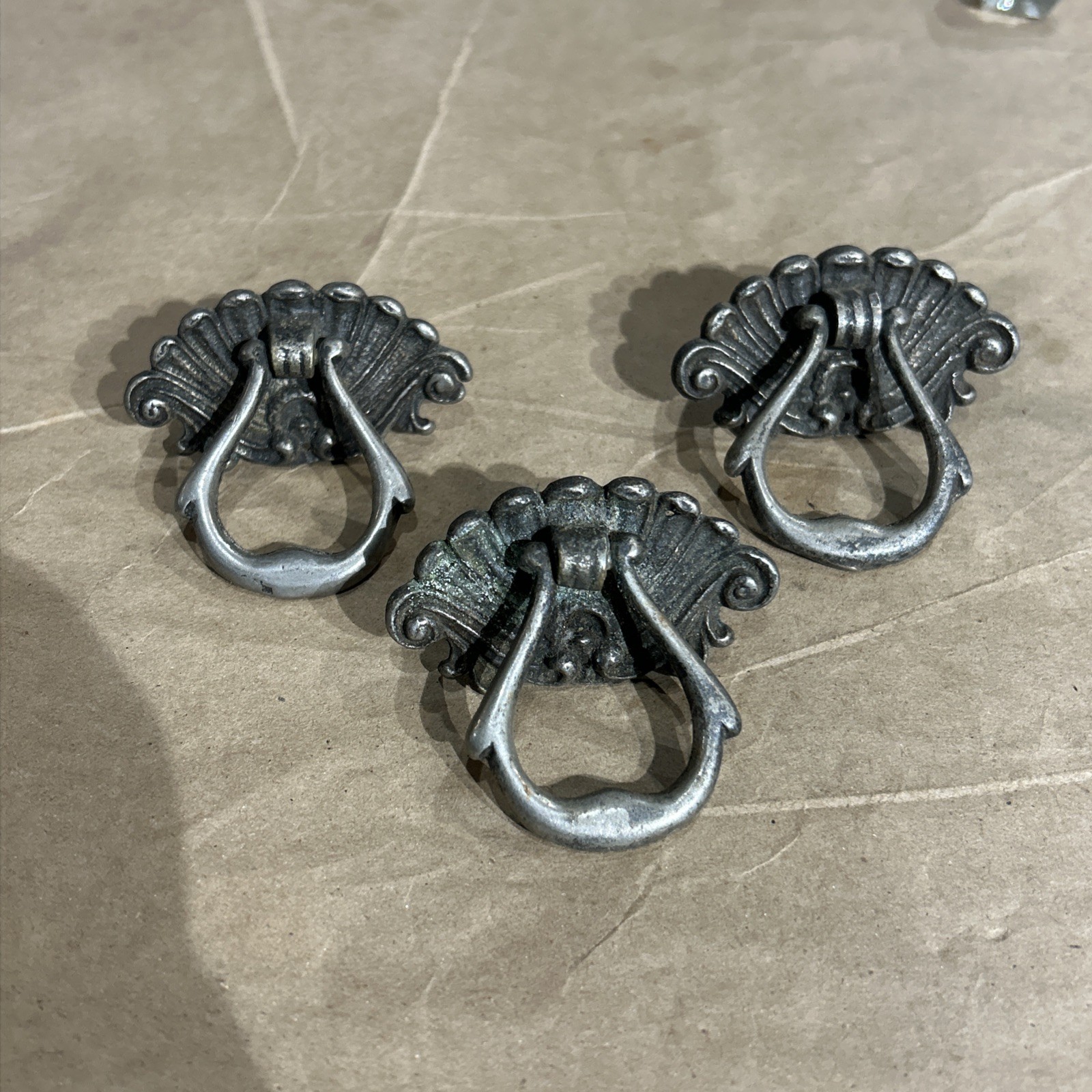 VICTORIAN Nickel Drawer Pull Antique Hardware Drop Ring Shell Knob Lot Of 3 3316