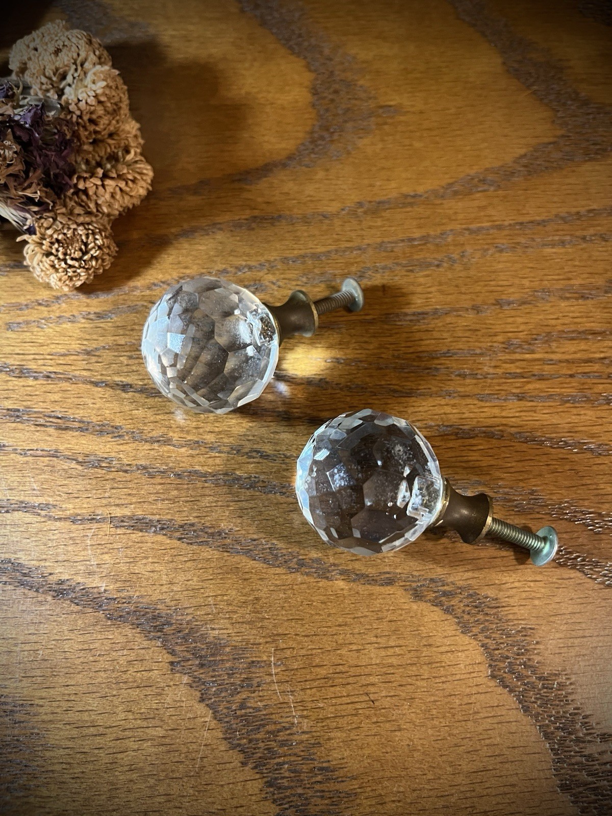 Pair Vintage clear faceted crystal ball doorknobs drawer pulls with brass base