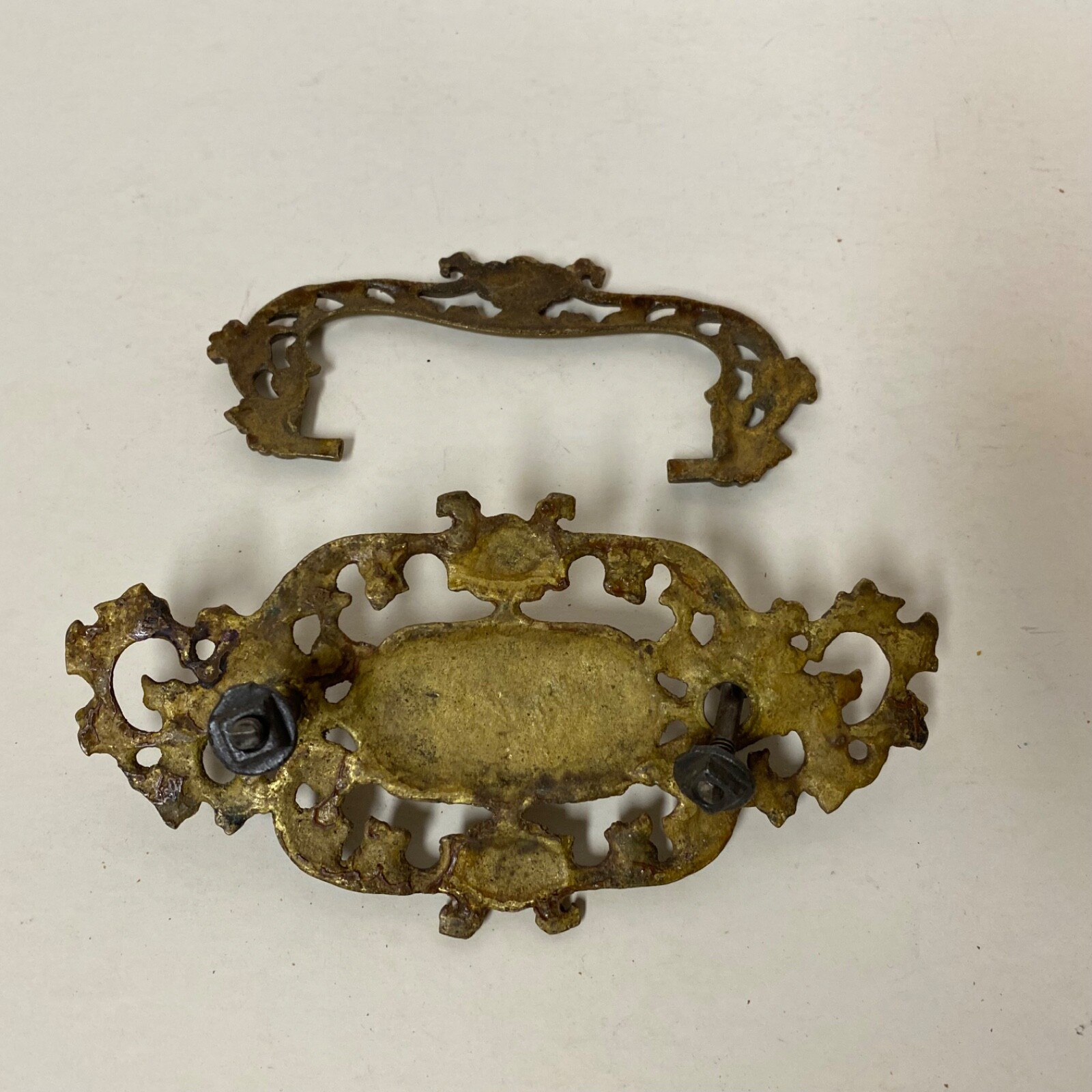 Vintage / Antique Ornate Brass Bail Pull With Hardware 3″ Spread • Salvage