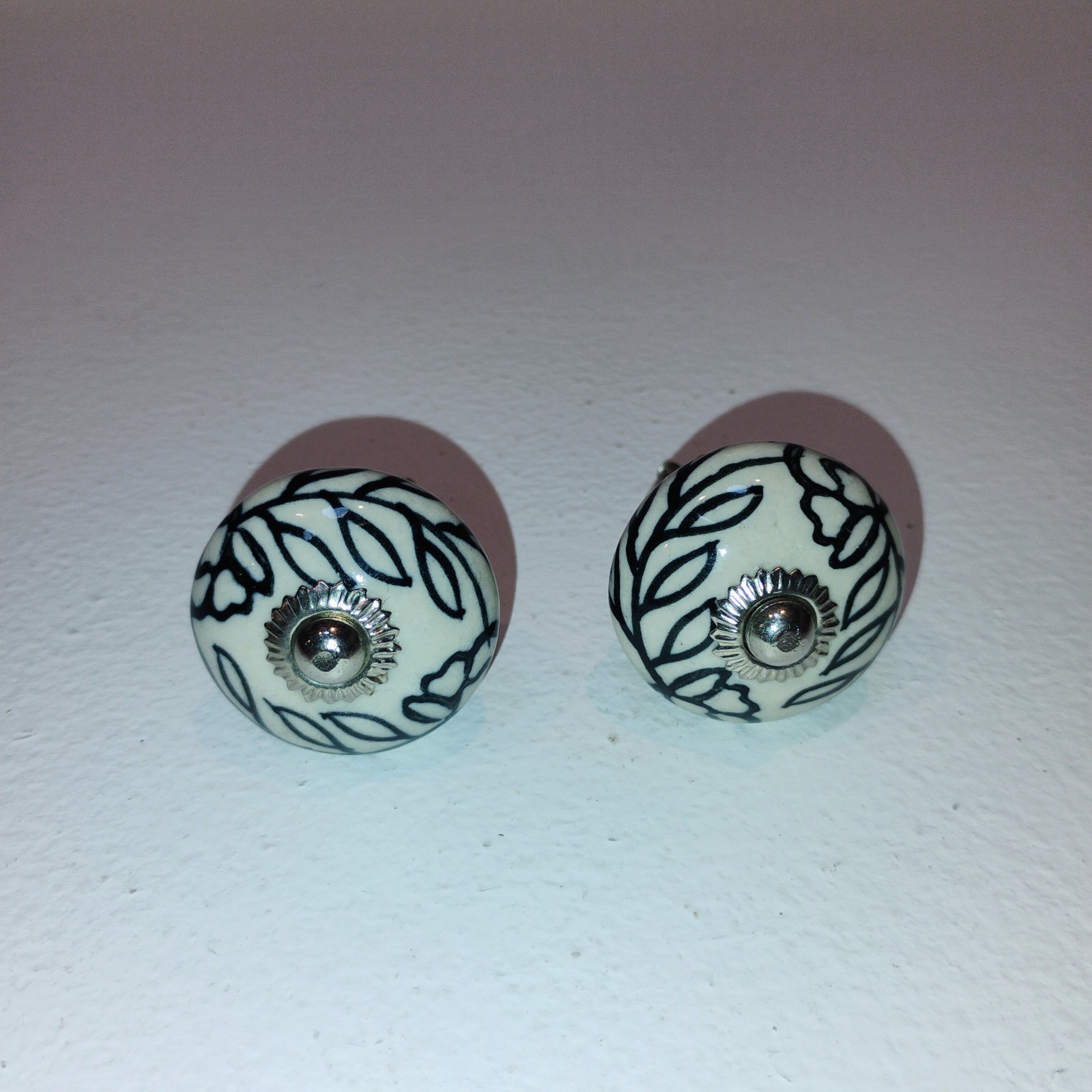 Ceramic Knobs Cabinet Drawer Handles Round Black White Floral Vine