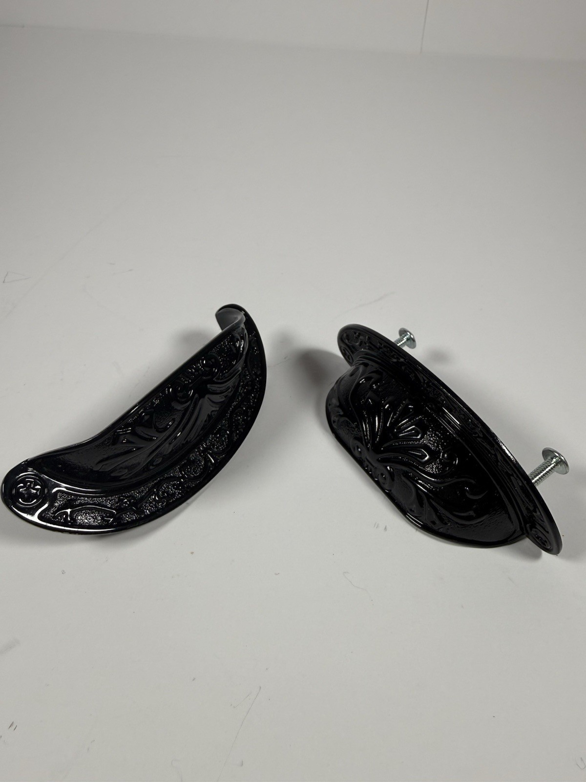 Set of 2 Vintage Style Black Cast Iron Bin Pulls Ornate Floral Cup Handles
