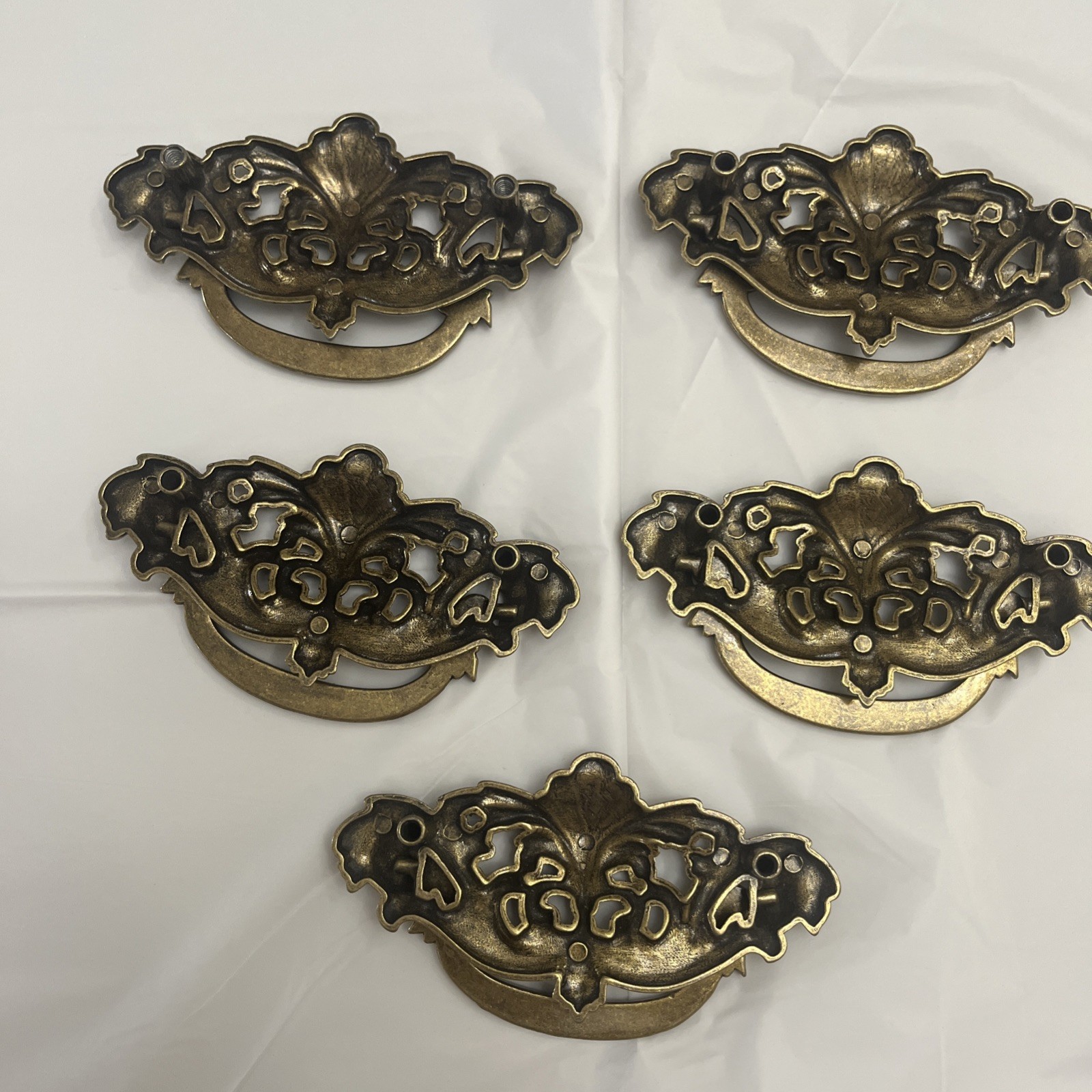 Vintage Hardware Drawer Pull Brass Bail Drop Handle Ornate Set Of 5
