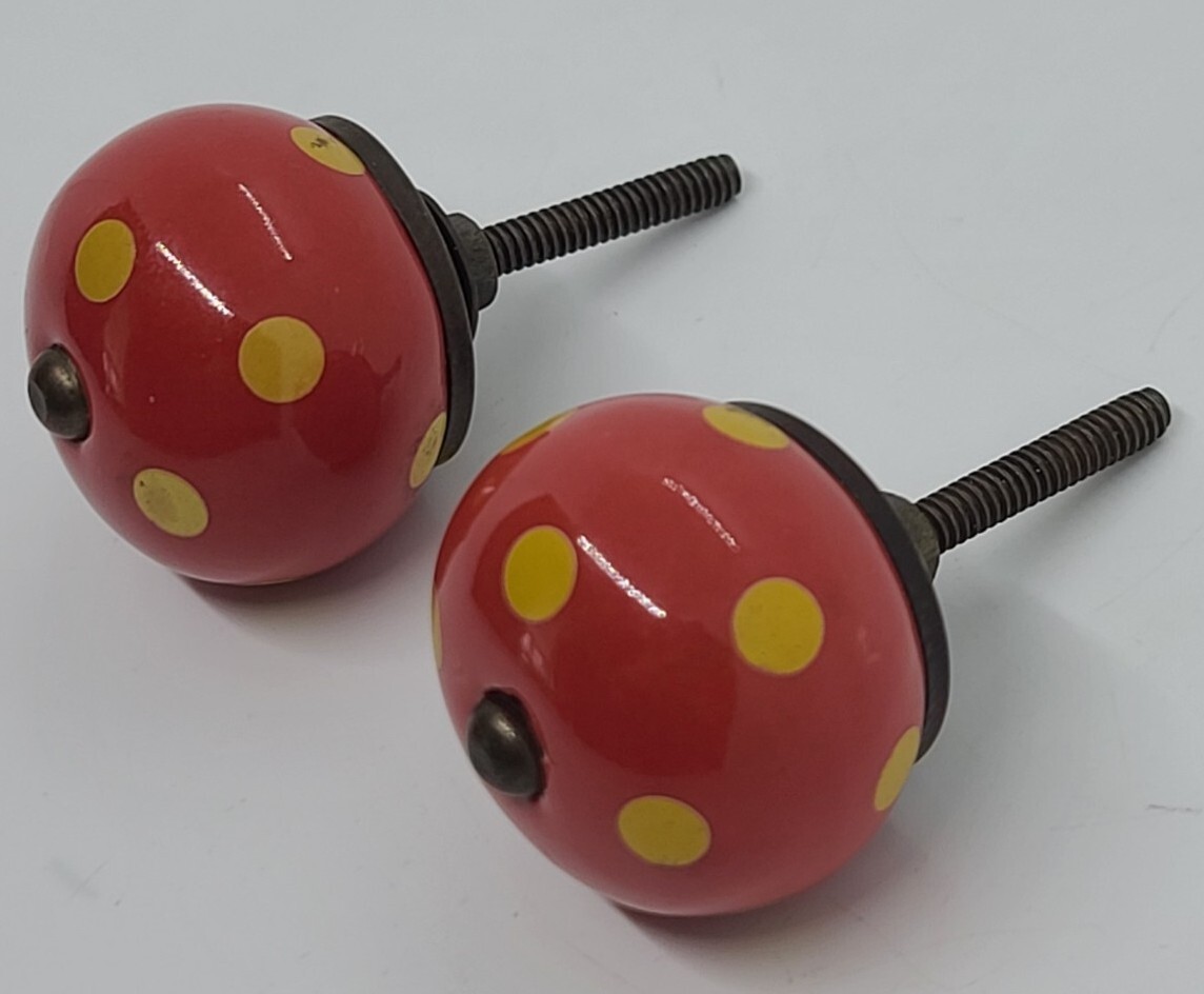 Antique Pair Red Round Porcelain with Yellow Spots Drawer Cabinet Pull Handles