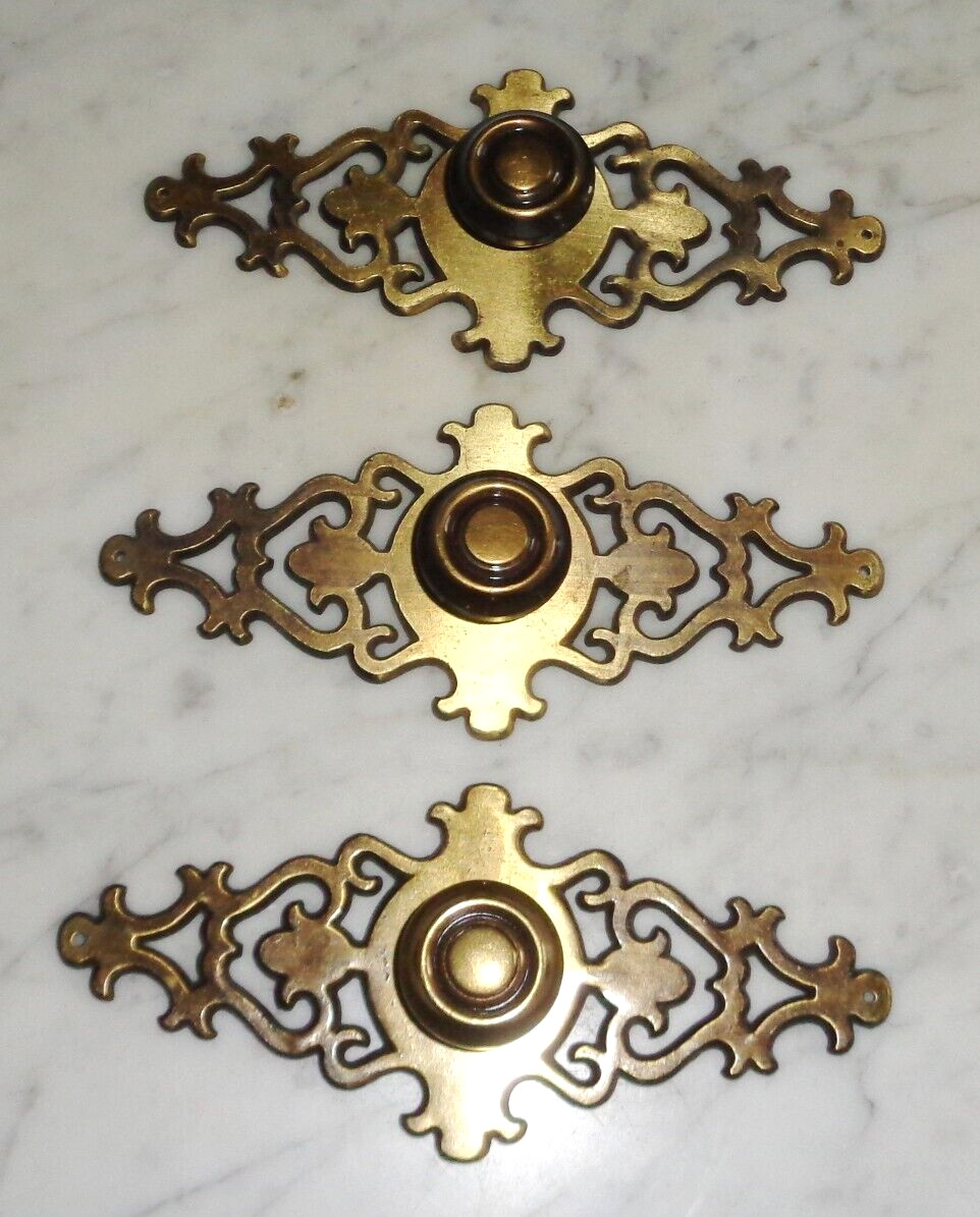 3 Vintage Brass Knob 728 & Brass Back Plate Amerock 1967 Door Drawer Pulls