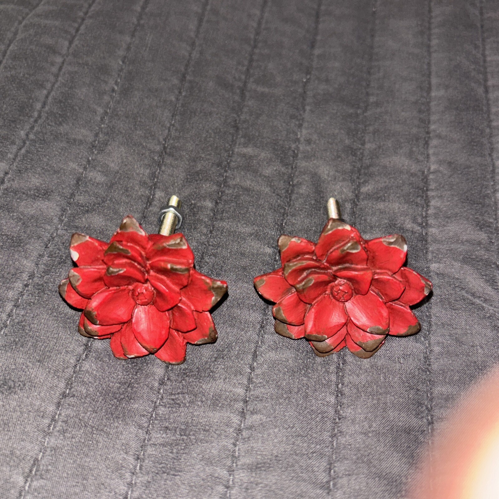 Distressed Red Flower Floral Handle Cabinets Knob