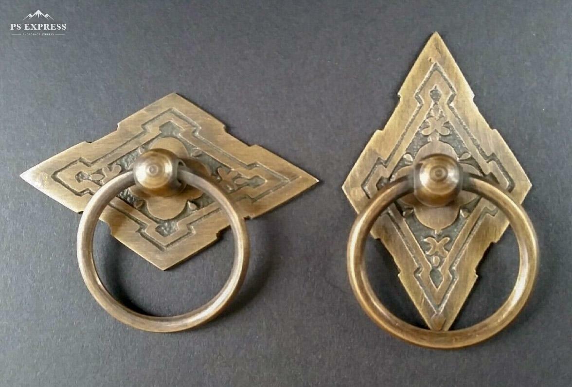 4 x Eastlake Antique Style Brass Ornate Ring Pulls Handles 2-3/8″ wide #H15