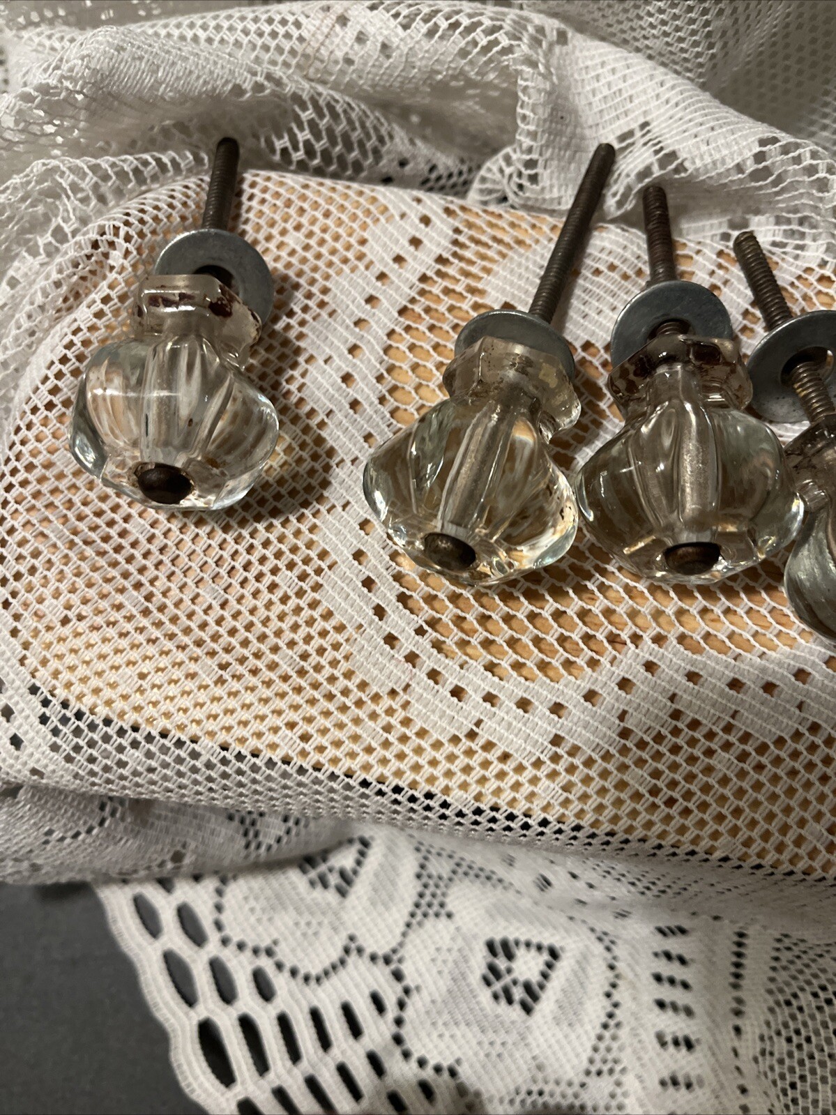 5 Vintage Antique Clear Glass Hexagon Dresser Drawer Cabinet Pulls Knob 1 1/2″