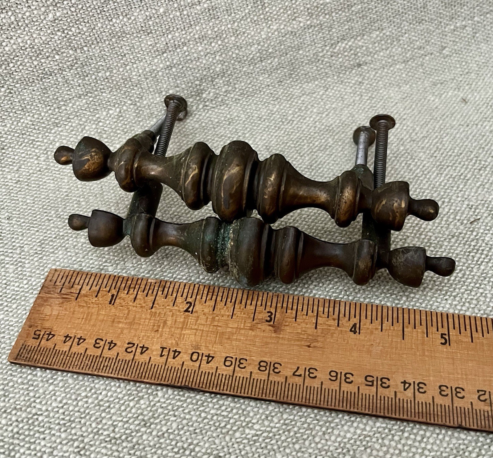 Aged 2 Brass Spindle Elongated Drawer Pulls 3” Center Colonial Traditional 1790