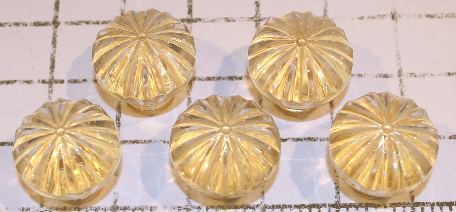 Set/5 Clear Glass Dresser Knobs 1.5” Tall 1.5 wide brass base