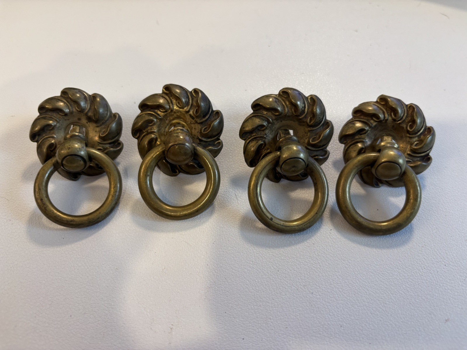 Set of 4 Antique Brass Drawer Ring Pulls with Rosette Backplates