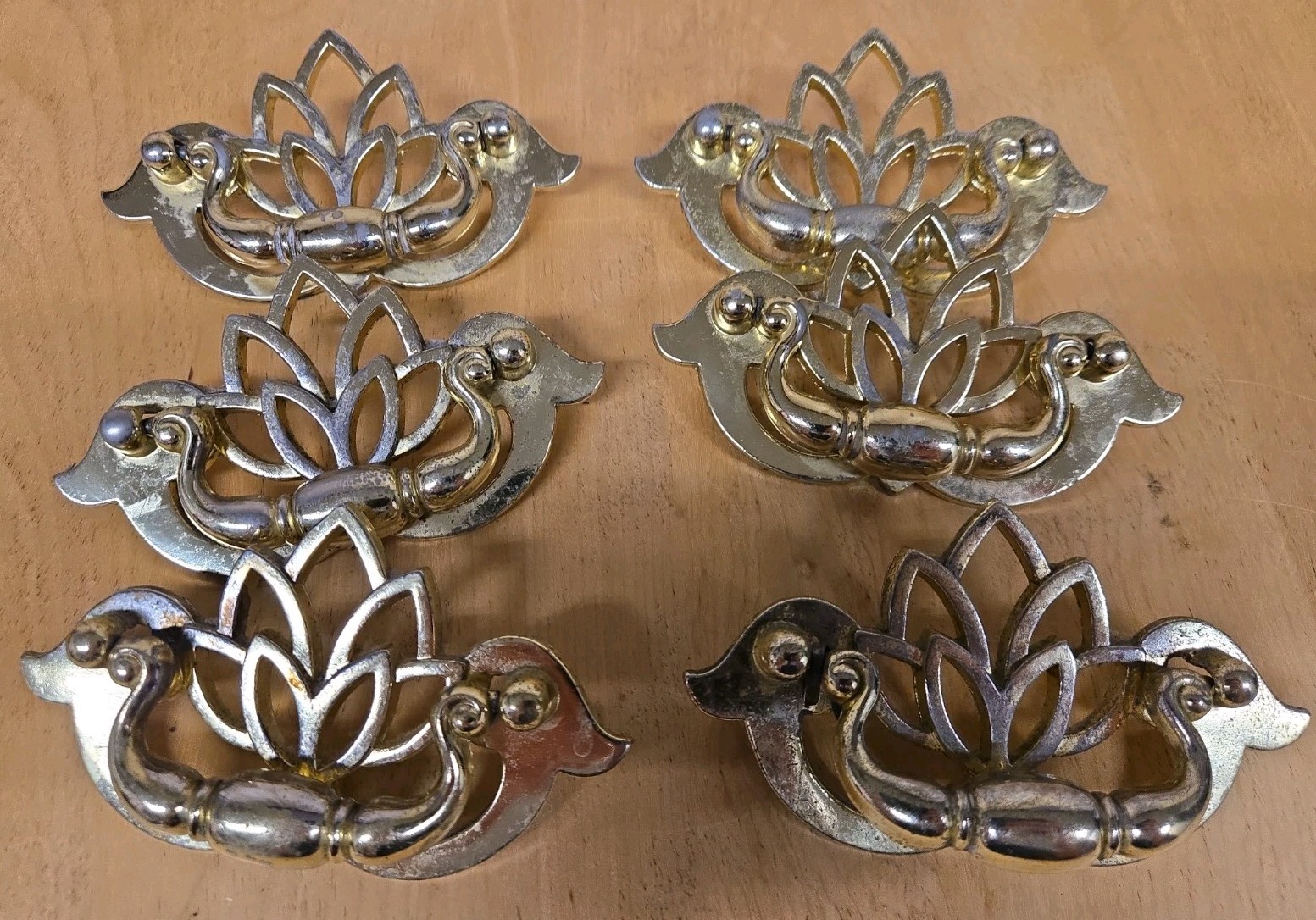 (6) Vintage Chippendale Style Drawer Pulls Drop Handle Gold Tone Traditional