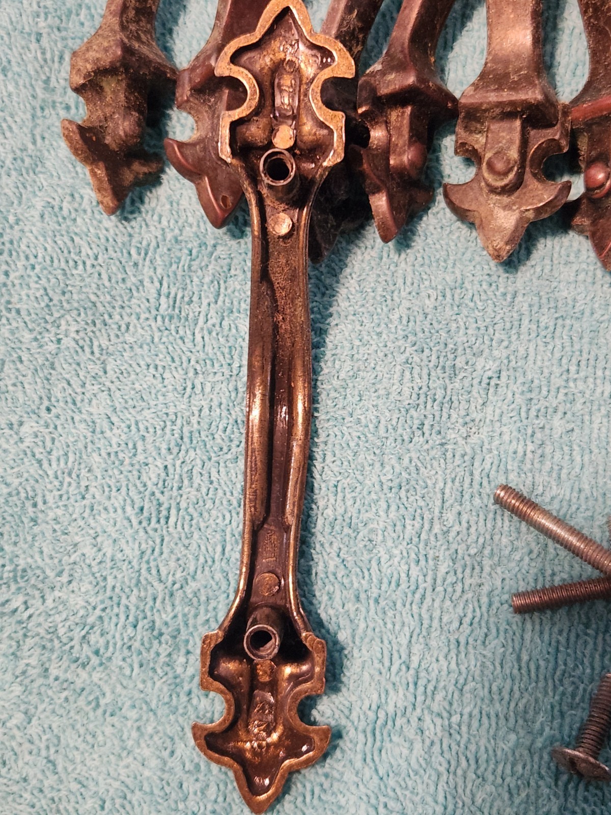 Lot of 34 Vintage Brass Droor Pulls W Some Hardware Patina Unique 5 1/2″