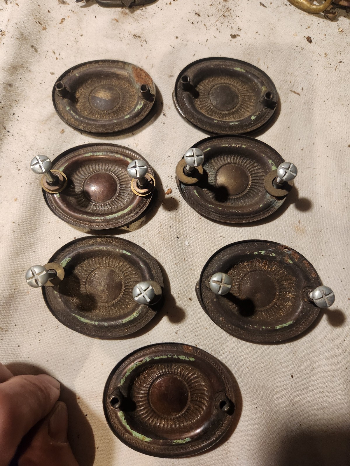 set of 7 old drawer pulls brass plated steel. for traditional style furniture