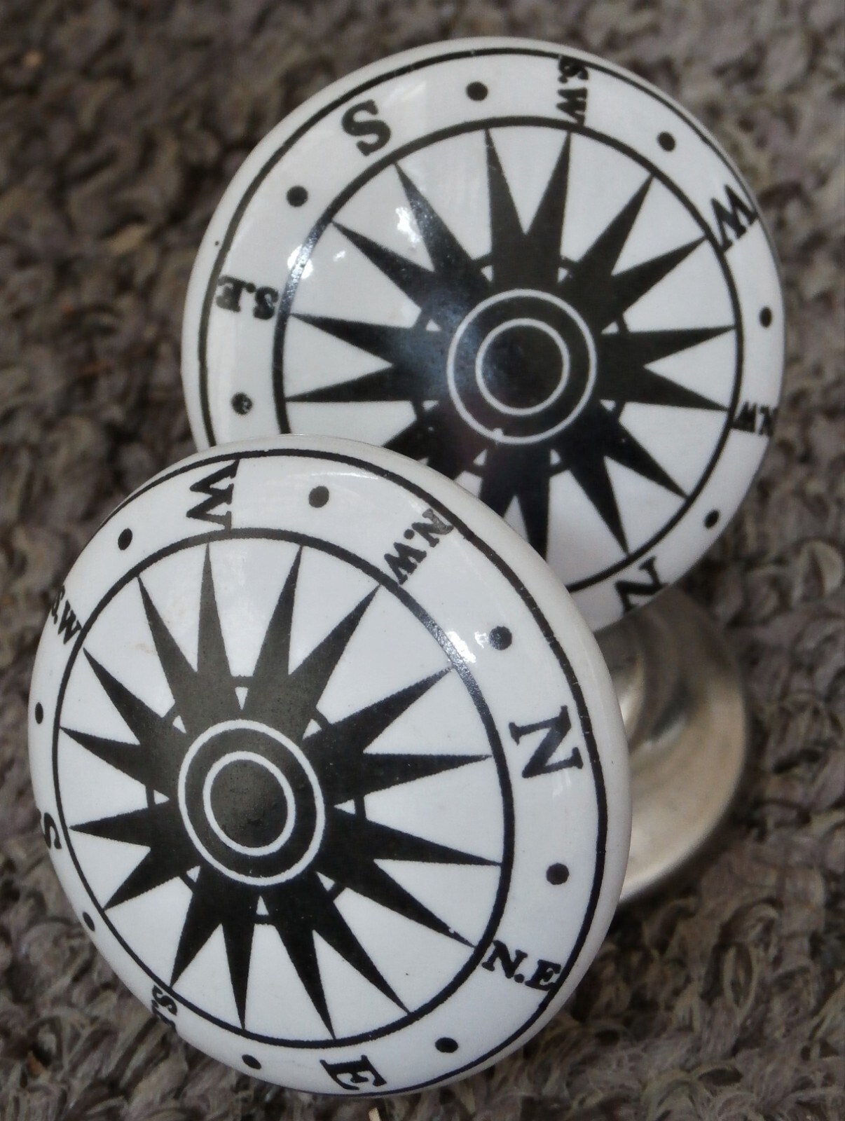 2 White Ceramic Nautical Hardware COMPASS Cabinet Drawer Pulls Dresser Knobs