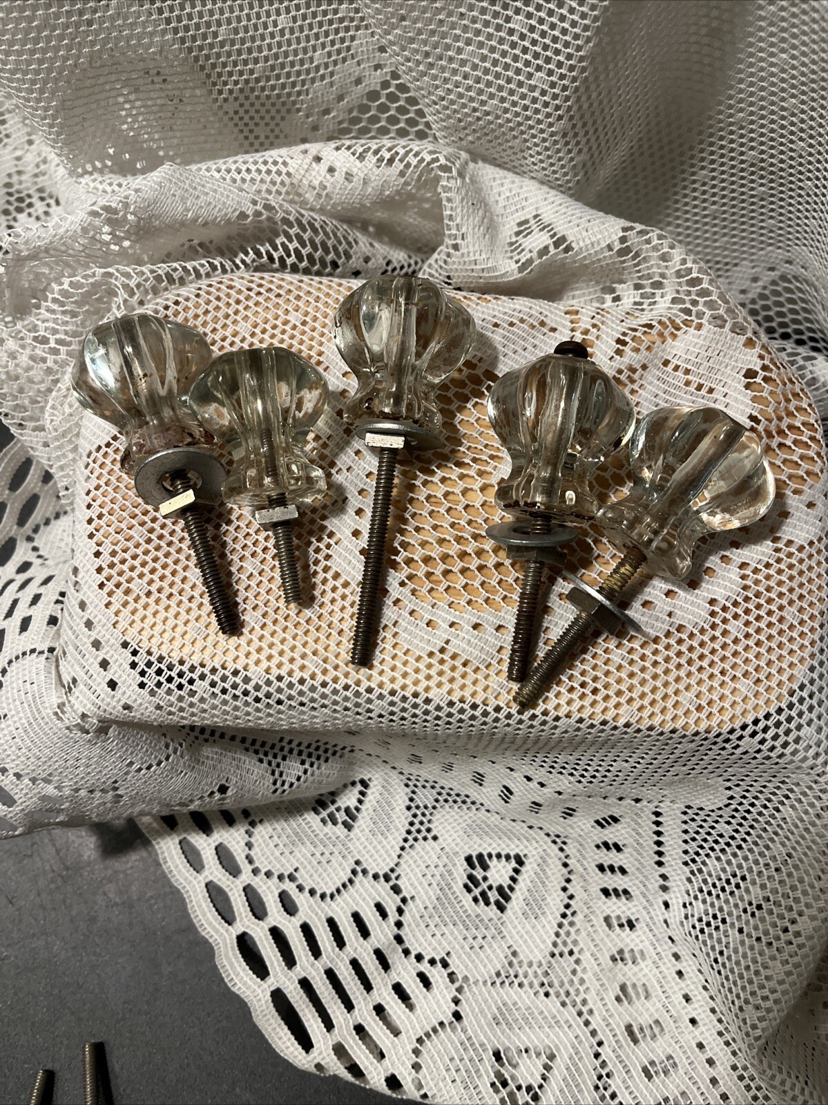 5 Vintage Antique Clear Glass Hexagon Dresser Drawer Cabinet Pulls Knob 1 1/2″