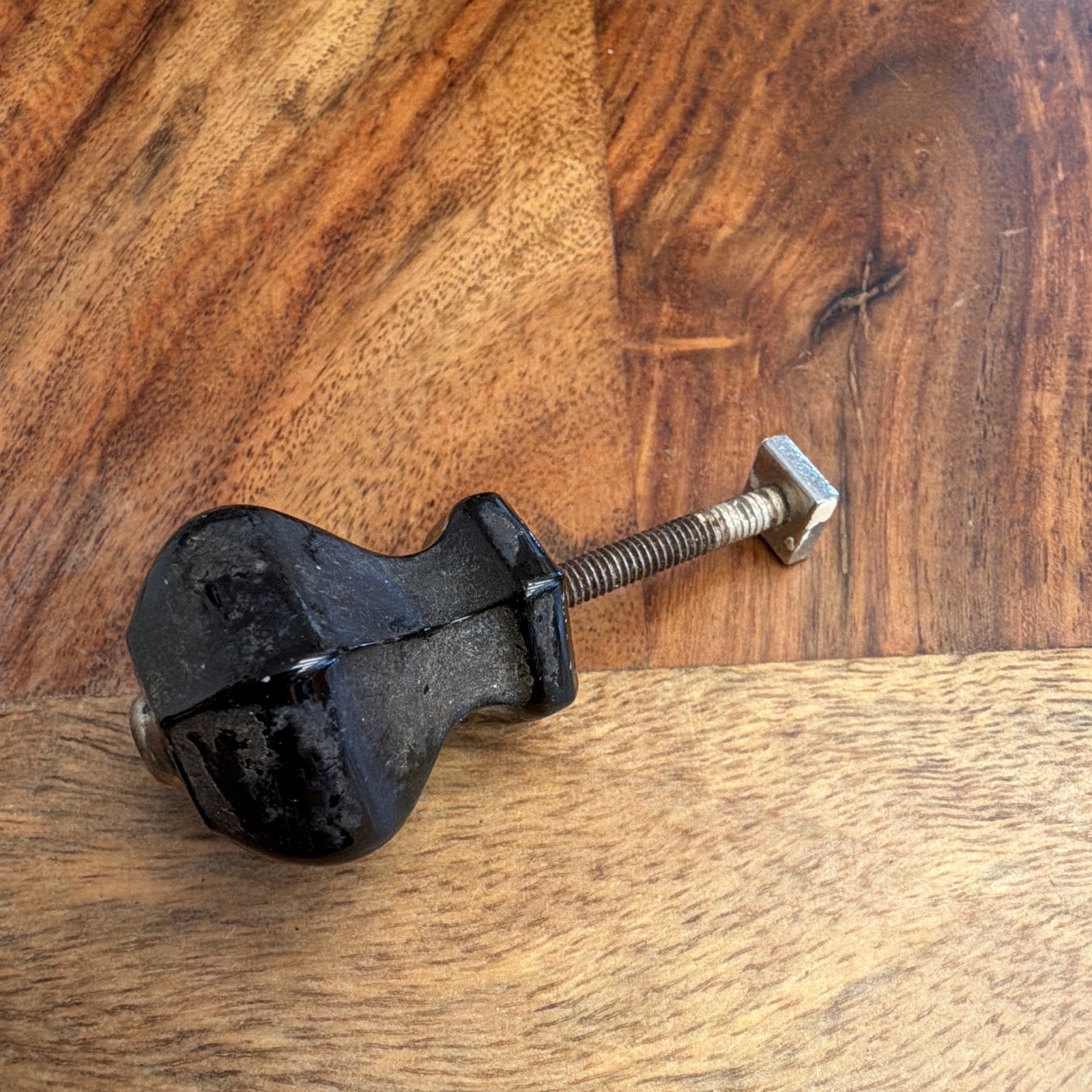 Black Hexagonal Glass Drawer/Cabinet Knob Pull w/ Metal Screw needs cleaning.