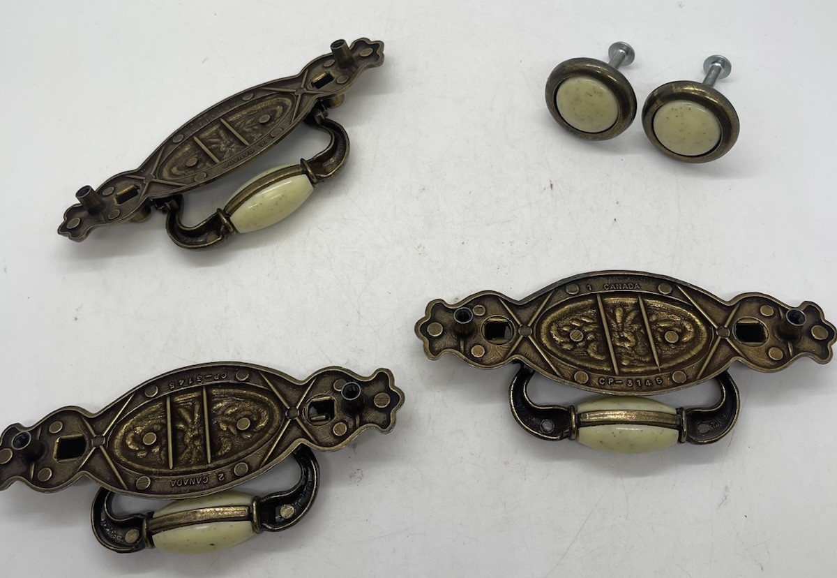 Brass Drawer 3 Pulls And w Knobs With Beige Ceramic Bead Center Vintage