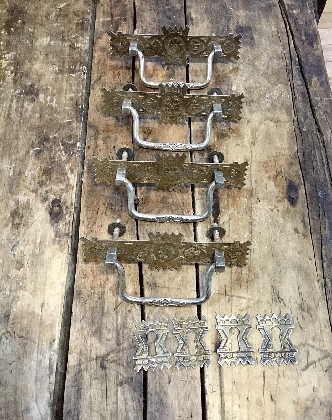 vintage antique stamped metal drawer pulls handles gold floral design key plates